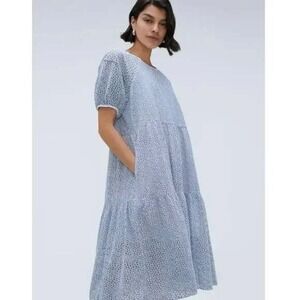 EVERLANE Blue White‎ Eyelet Tiered Midi Dress Puff Sleeve Size XS